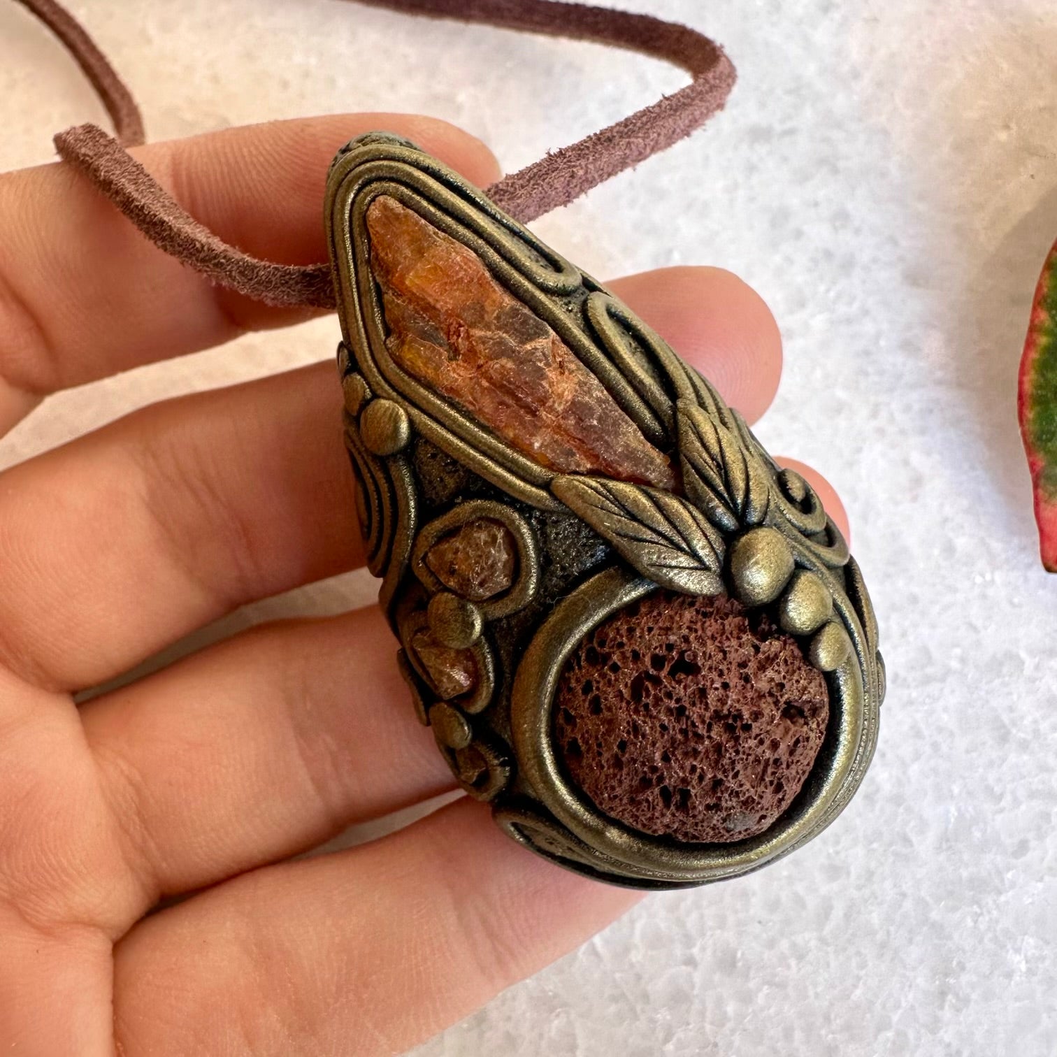 Red Lava Stone Orange Kyanite and Hessonite Garnet Necklace - FairyGardenGlow