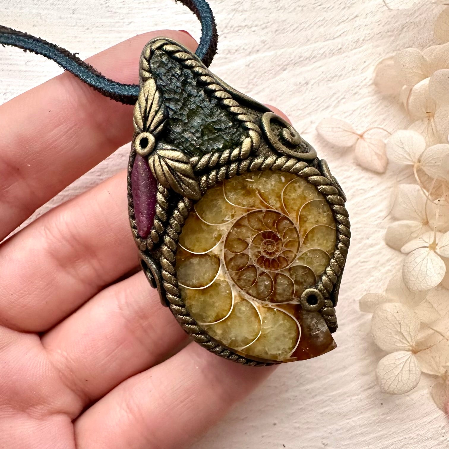 Ammonite Moldavite and Ruby Necklace - FairyGardenGlow
