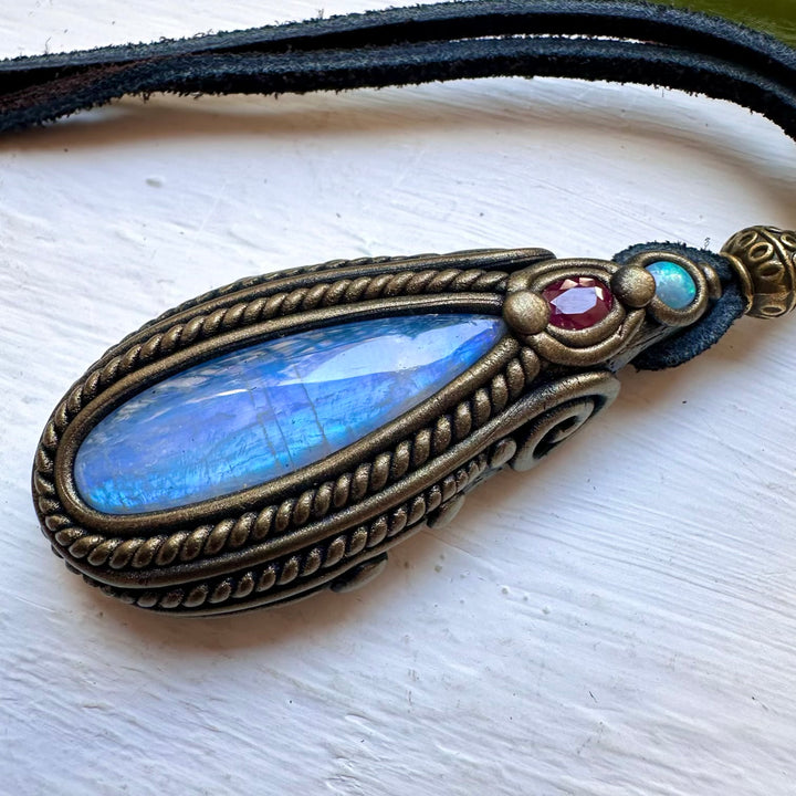Rainbow Moonstone Ruby and Australian Opal Necklace - FairyGardenGlow