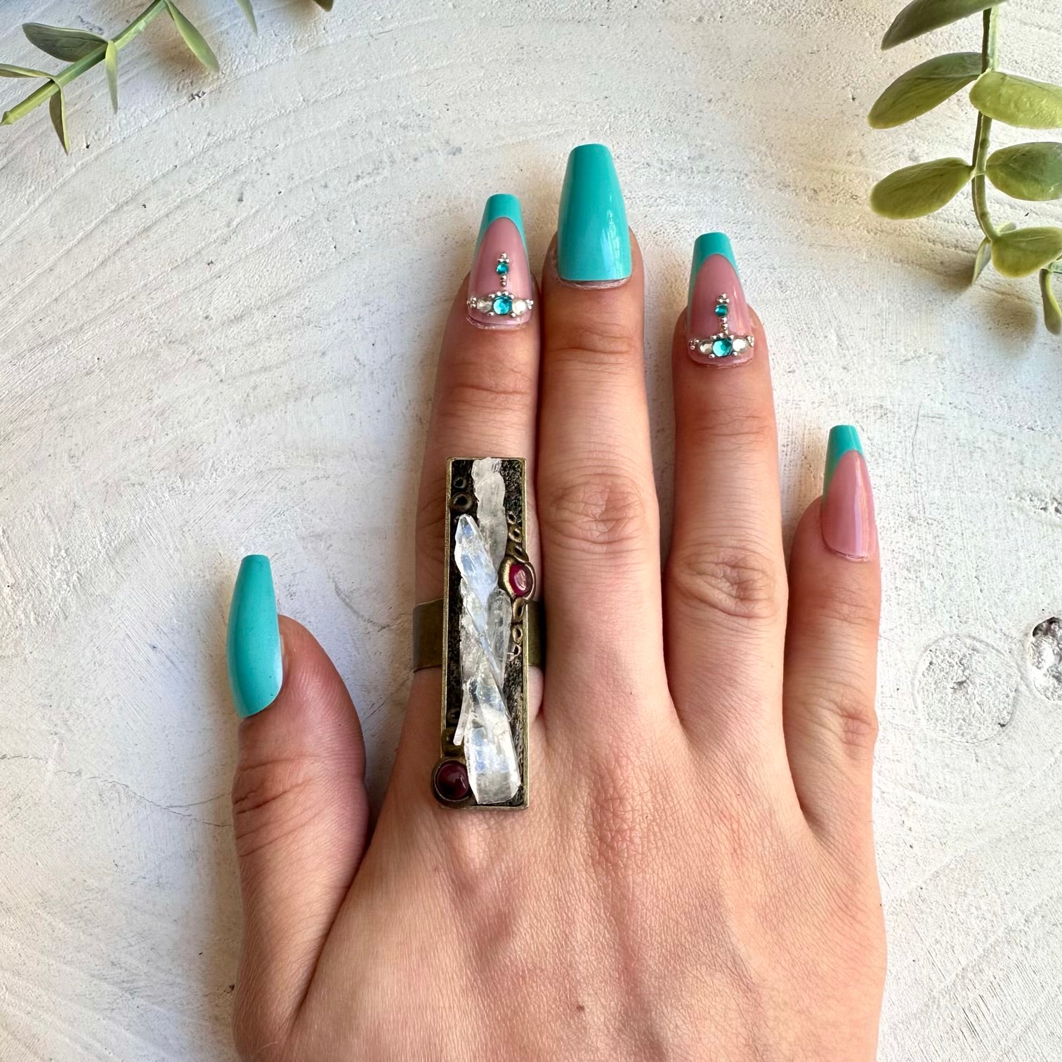 Faden Quartz and Rhodolite Garnet Ring, Raw Crystal Ring