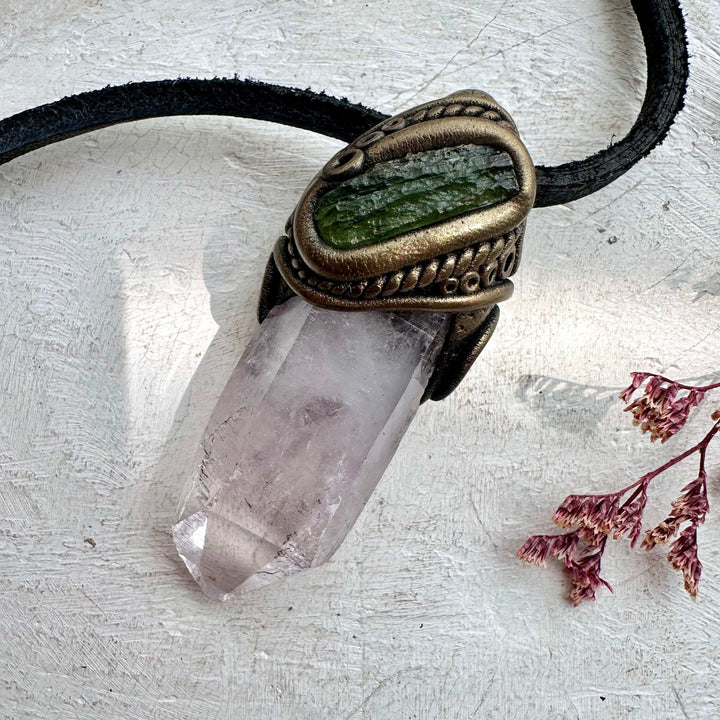 Vera Cruz Amethyst and Moldavite Pendant Necklace - FairyGardenGlow
