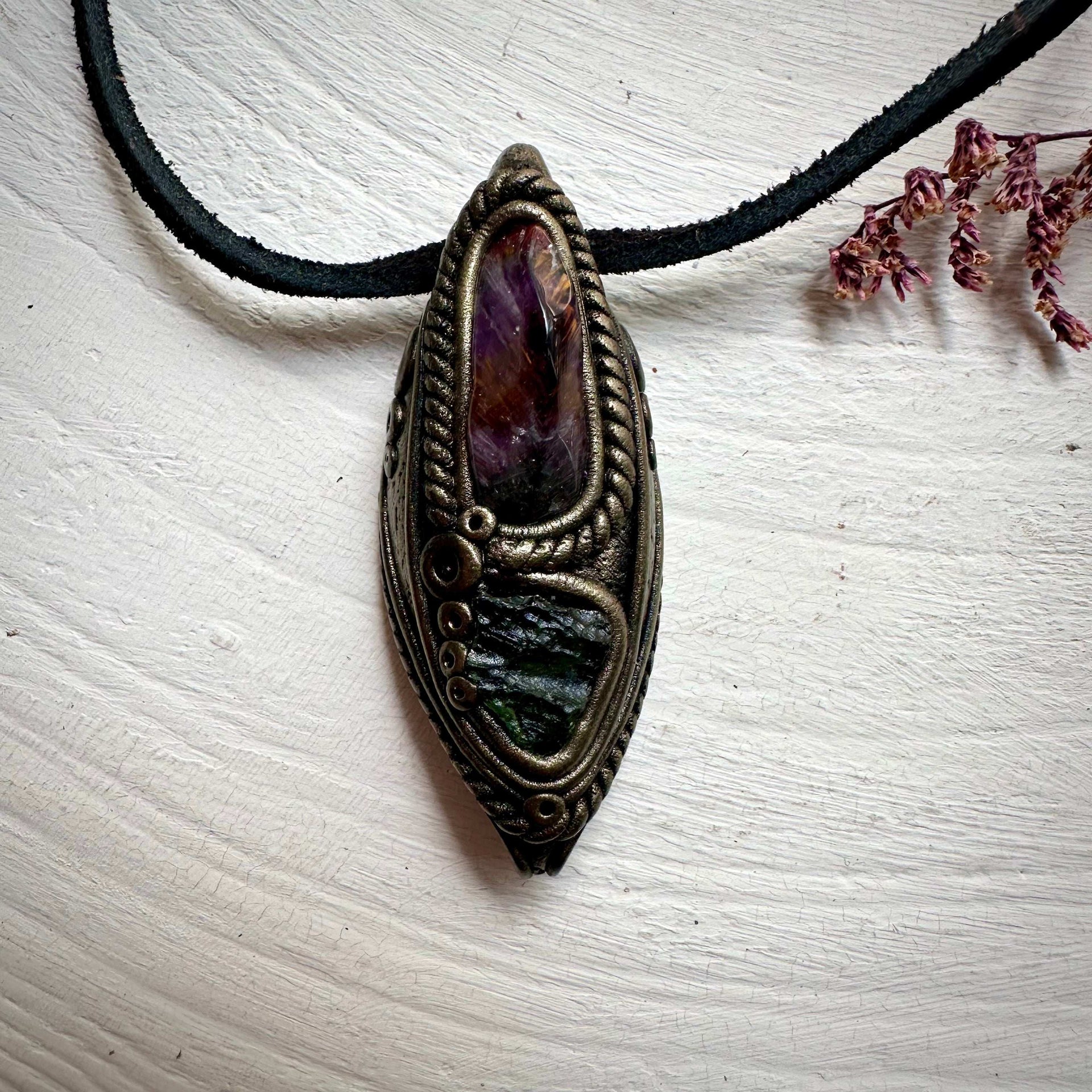 Super Seven Quartz and Moldavite Necklace - FairyGardenGlow