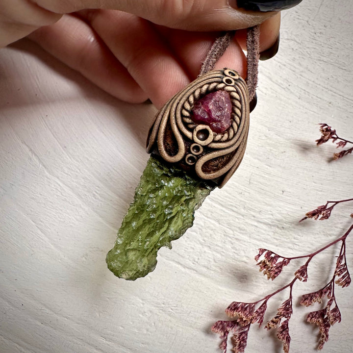 Moldavite and Raw Spinel Necklace - FairyGardenGlow