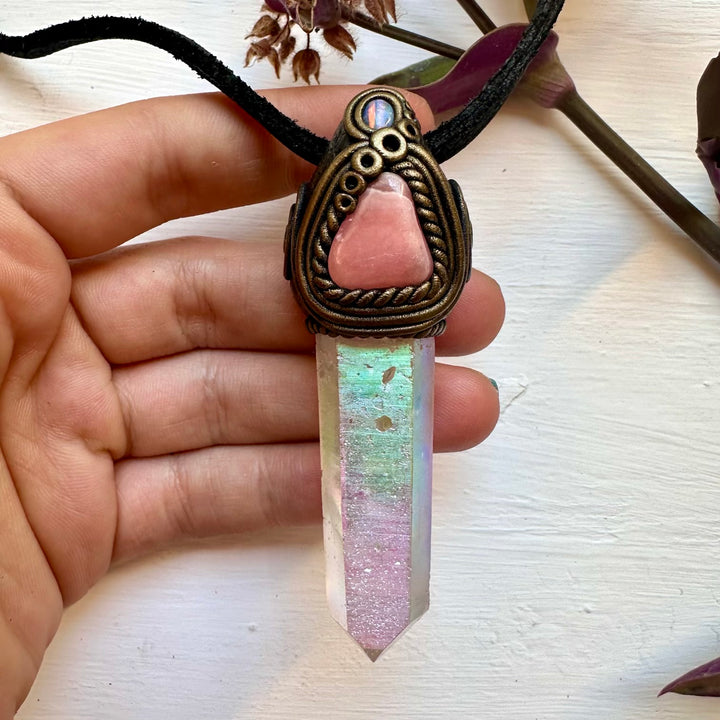 Angel Aura Quartz Rhodochrosite and Australian Opal Necklace - FairyGardenGlow
