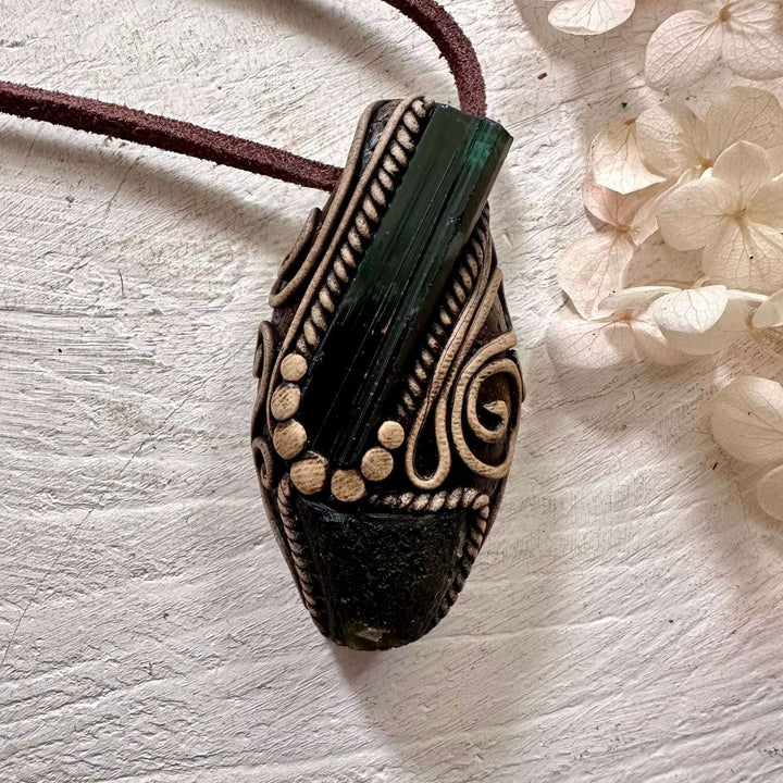 Green Tourmaline and Moldavite Pendant Necklace - FairyGardenGlow