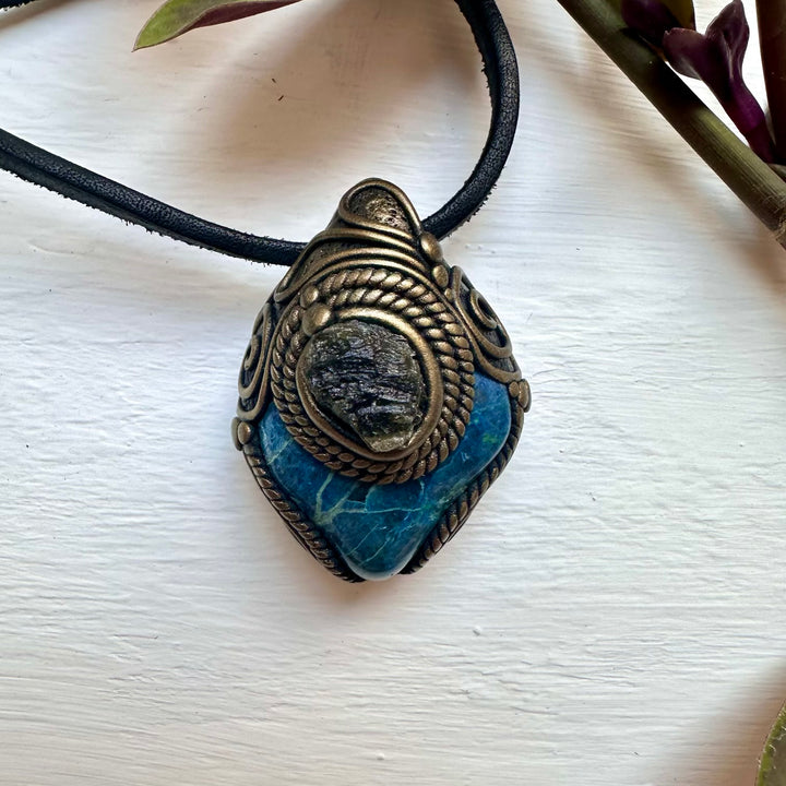 Chrysocolla and Moldavite Necklace - FairyGardenGlow