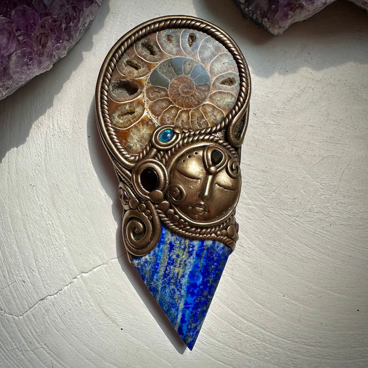 Lapis Lazuli Ammonite Smoky Quartz Black Onyx and Australian Black Opal Goddess Wand - FairyGardenGlow