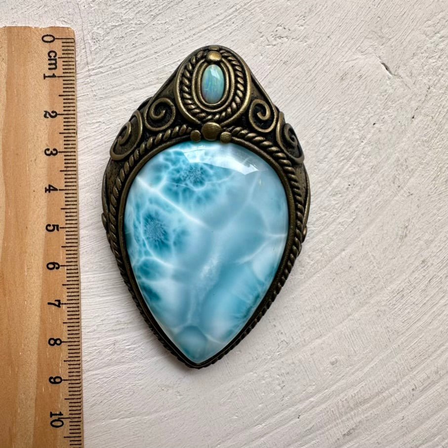 Large Larimar and Australian Opal Crystal Necklace, Unique Gemstone Pendant - FairyGardenGlow