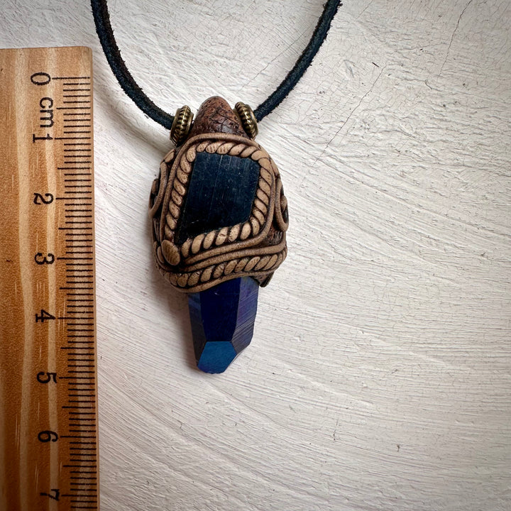 Cobalt Aura Quartz and Black Tourmaline Pendant Necklace - FairyGardenGlow