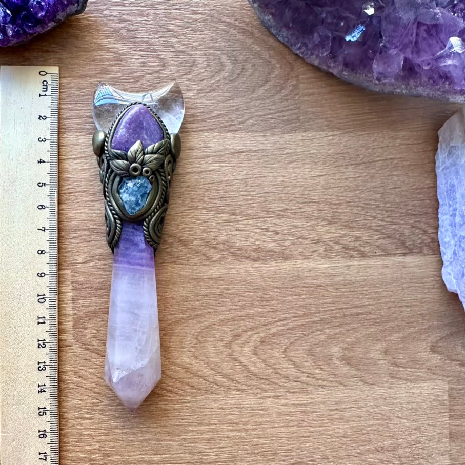 Lavender Fluorite Wand, Clear Quartz Moon, Lepidolite and Celestite Handmade Crystal Wand - FairyGardenGlow