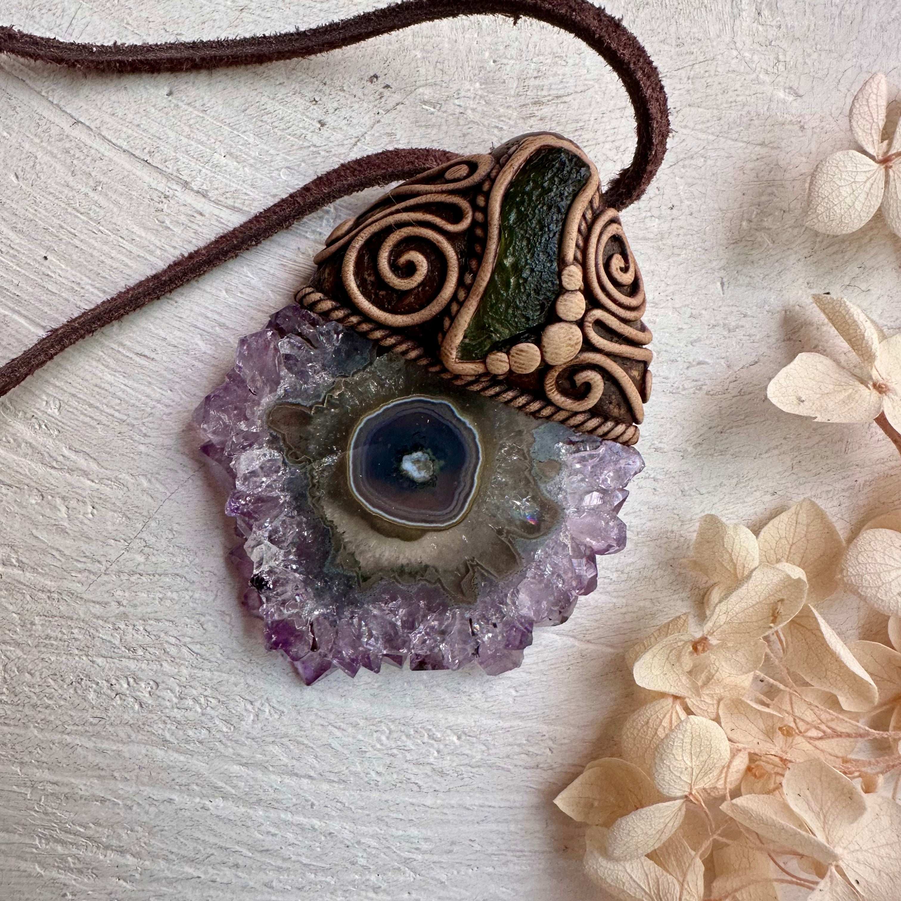 Amethyst Stalactite and Moldavite Pendant Necklace - FairyGardenGlow