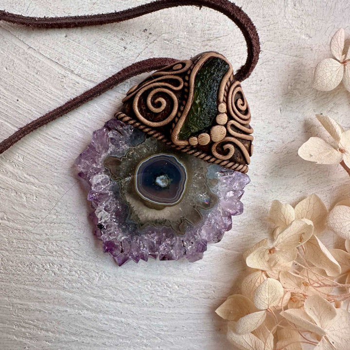 Amethyst Stalactite and Moldavite Pendant Necklace - FairyGardenGlow