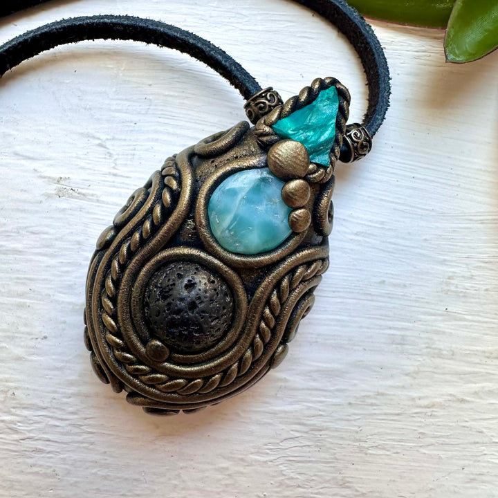 Lava Stone Larimar and Raw Chrysocolla Necklace - FairyGardenGlow