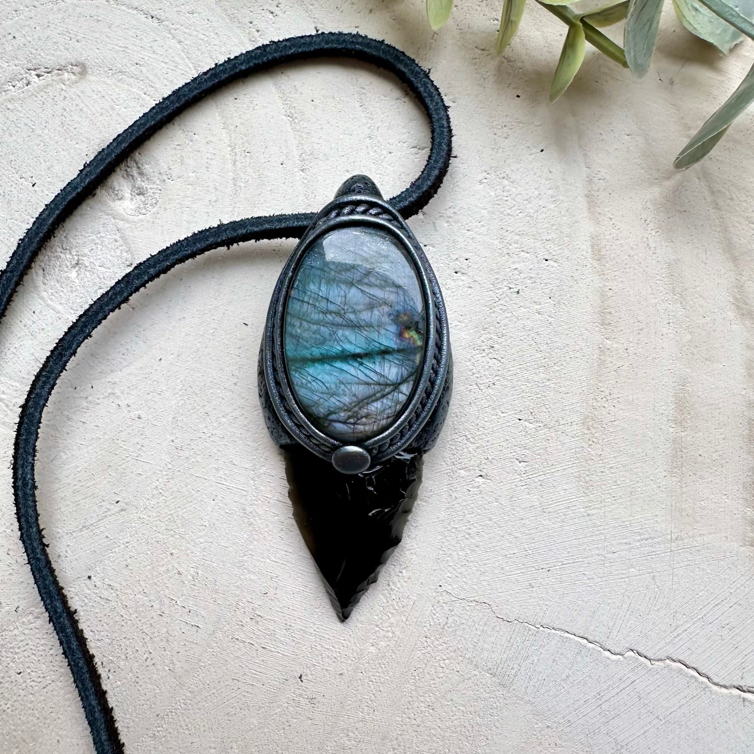 Obsidian arrowhead paired with labradorite necklace