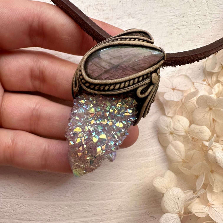 Angel Aura Spirit Quartz and Pink Labradorite Necklace - FairyGardenGlow