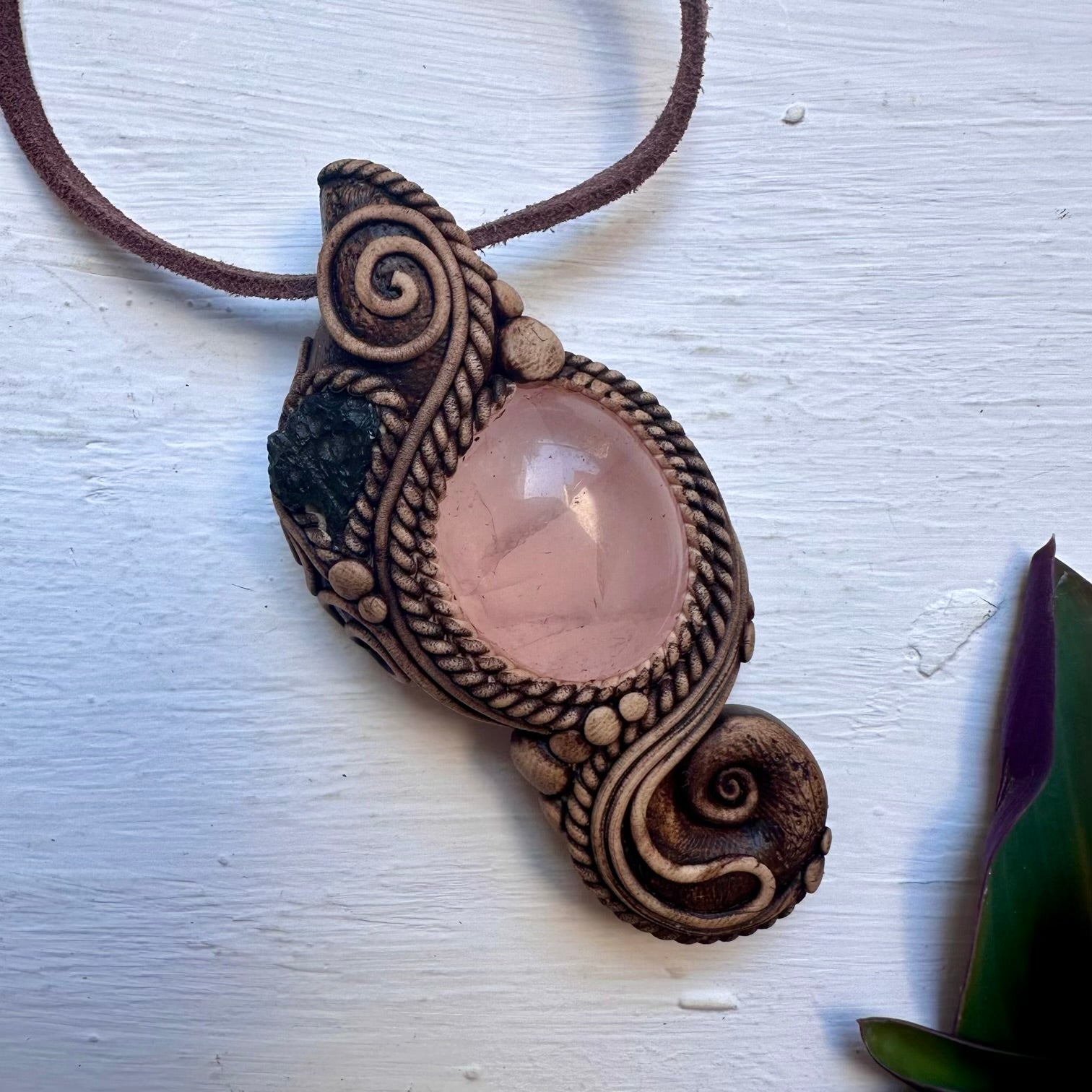 Rose Quartz and Moldavite Pendant Necklace - FairyGardenGlow