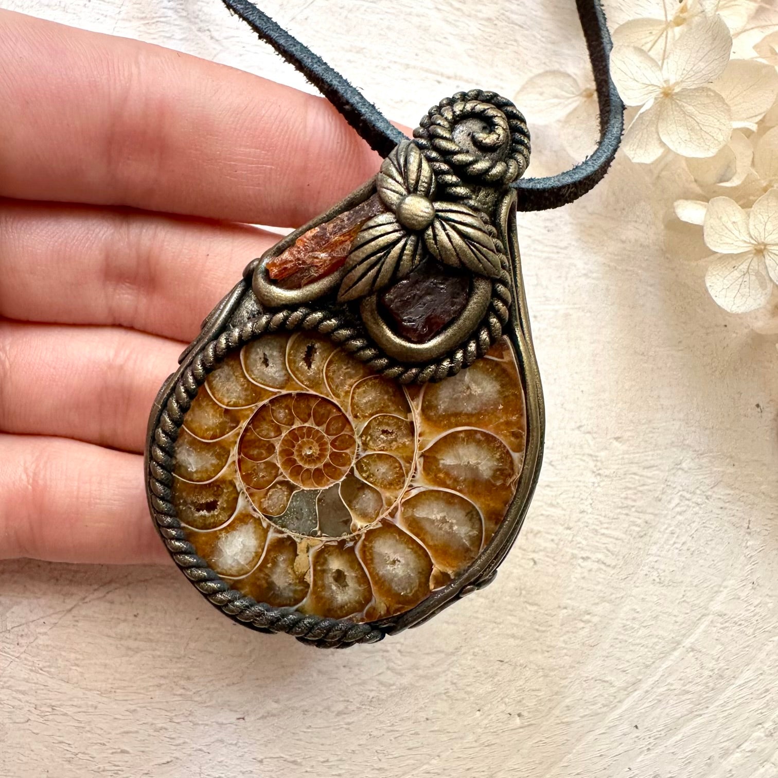 Ammonite Red Garnet and Orange Kyanite Pendant Necklace - FairyGardenGlow