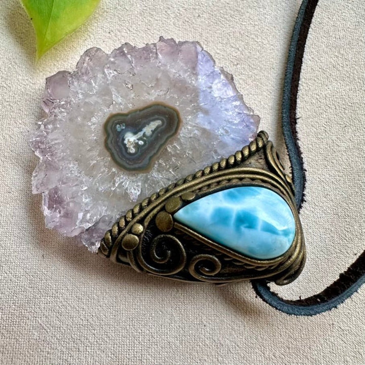 Amethyst Stalactite and Larimar Crystal Necklace - FairyGardenGlow