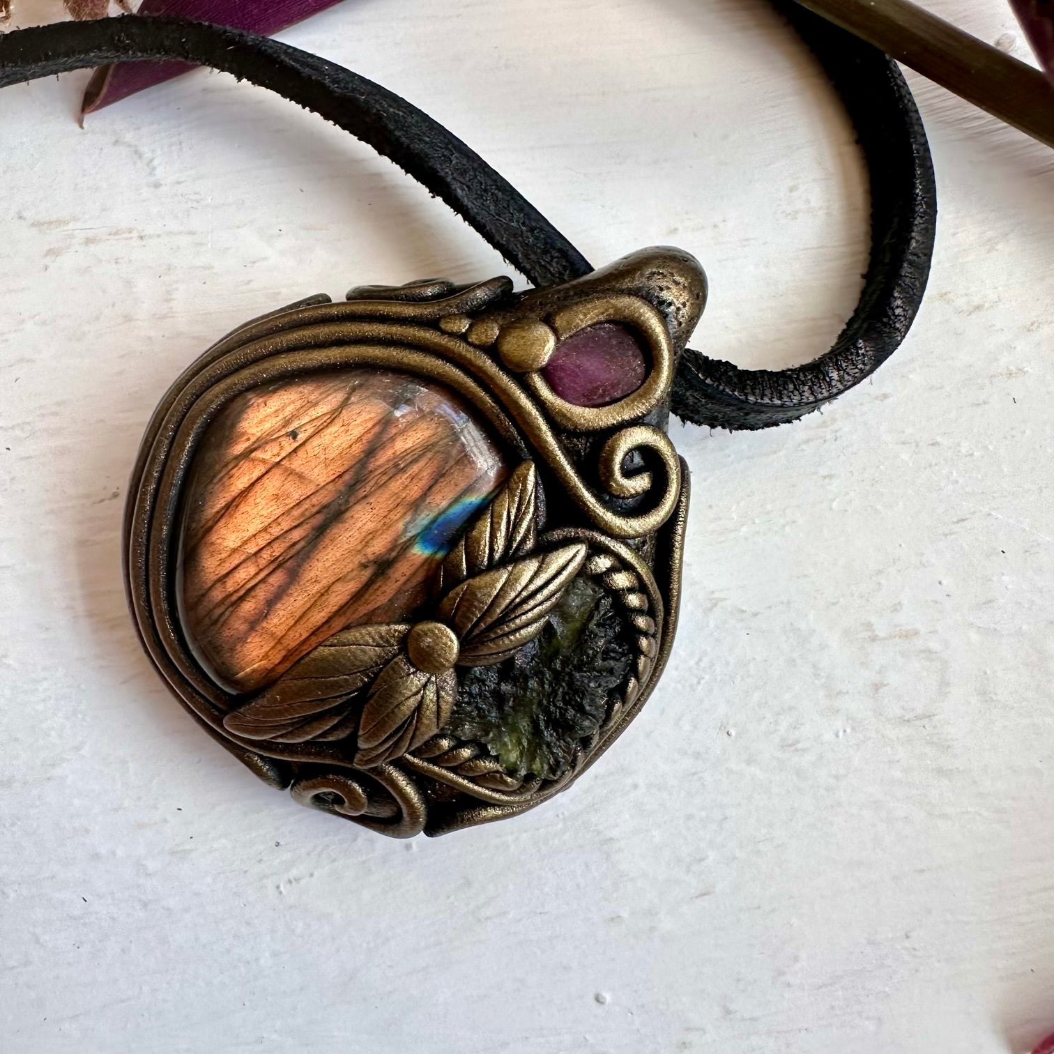 Labradorite Moldavite and Ruby Necklace - FairyGardenGlow