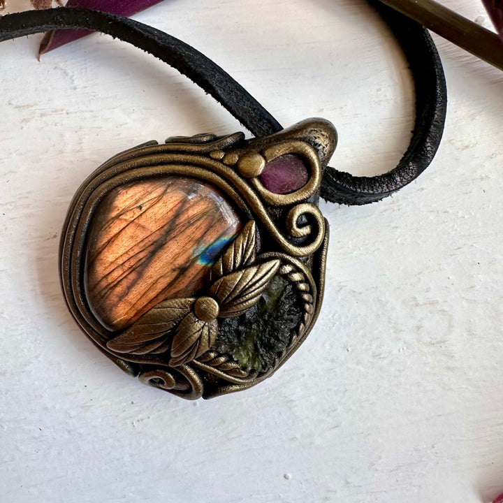 Labradorite Moldavite and Ruby Necklace - FairyGardenGlow