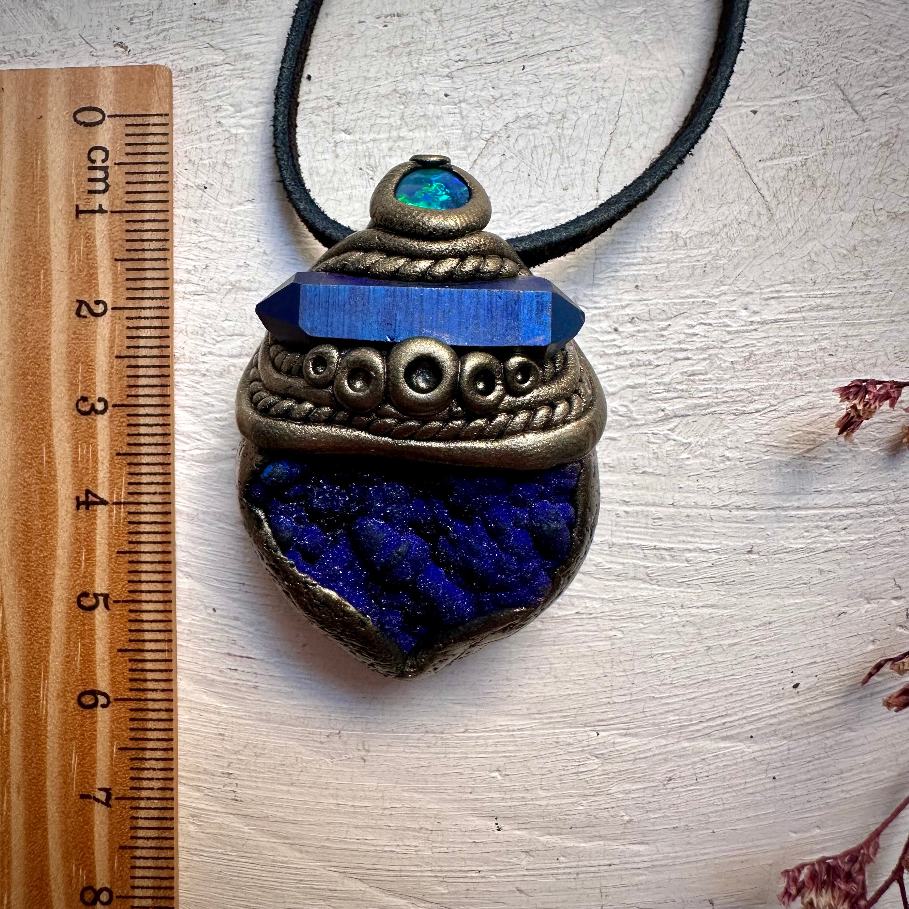 Azurite with Cobalt Aura Quartz and Black Australian Opal Pendant Necklace - FairyGardenGlow