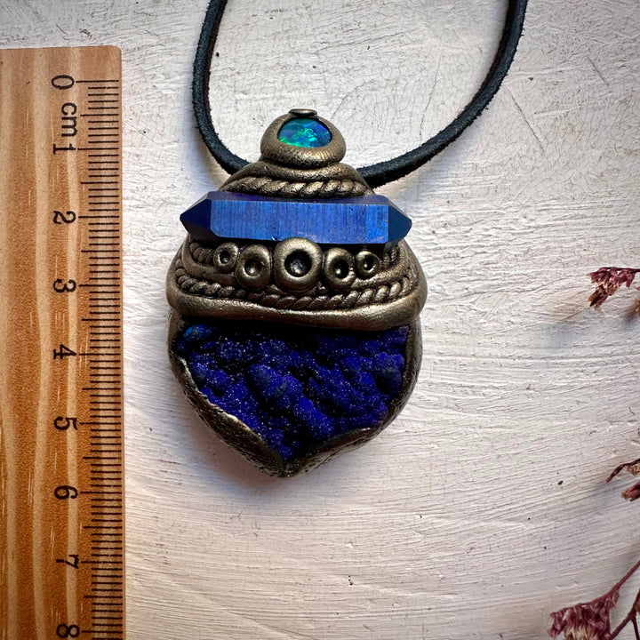 Azurite with Cobalt Aura Quartz and Black Australian Opal Pendant Necklace - FairyGardenGlow