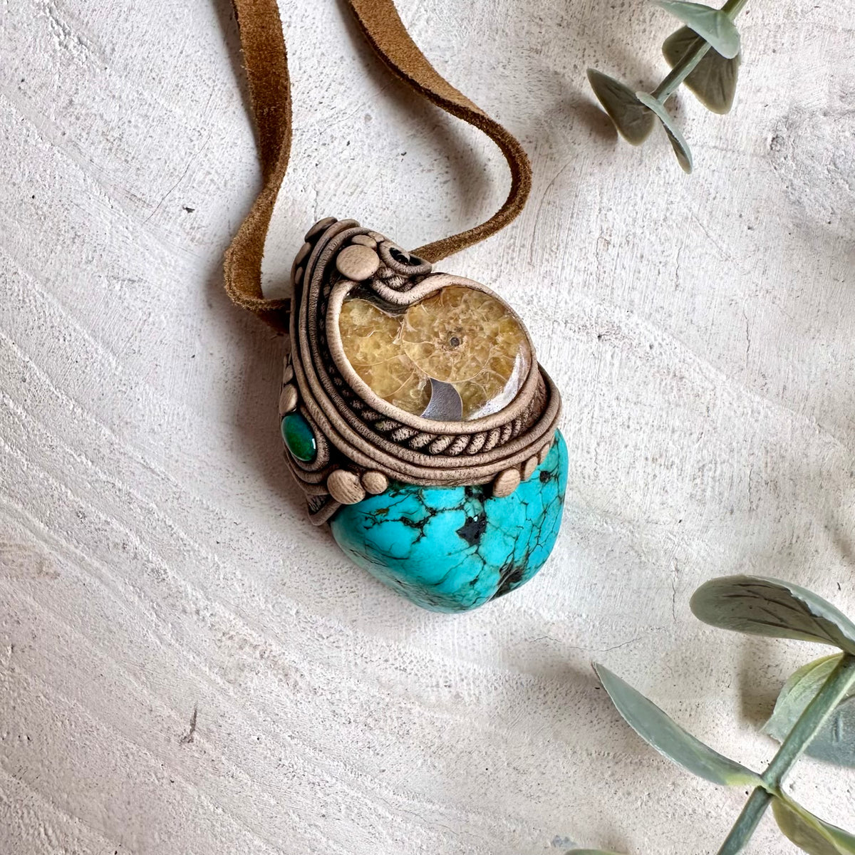 Turquoise with Ammonite and Black Ethiopian Opal Necklace - Unisex Gemstone Amulet Pendant