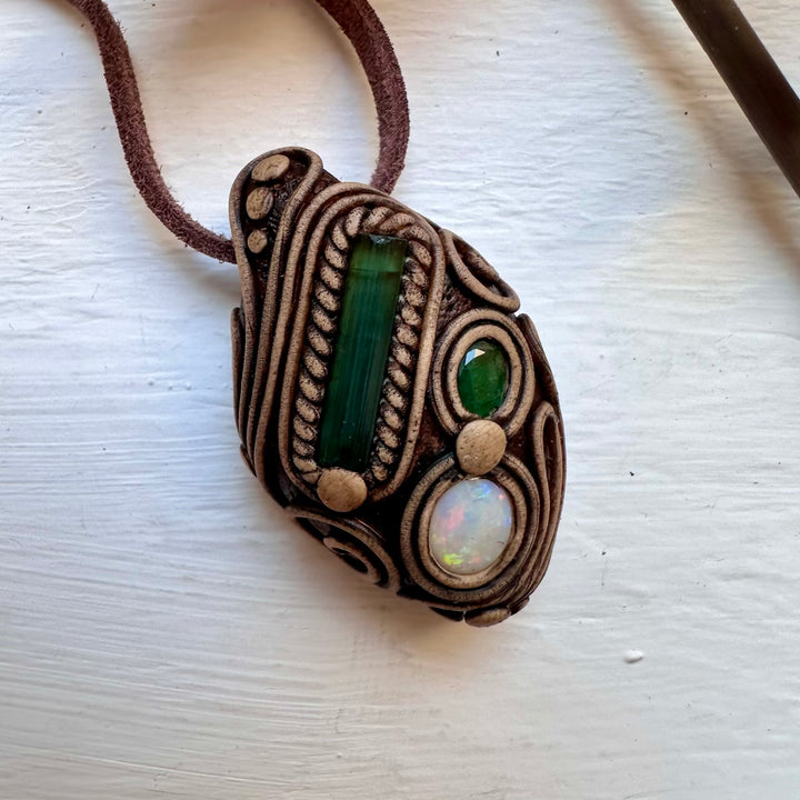 Green Tourmaline Emerald and Australian Opal Necklace - FairyGardenGlow