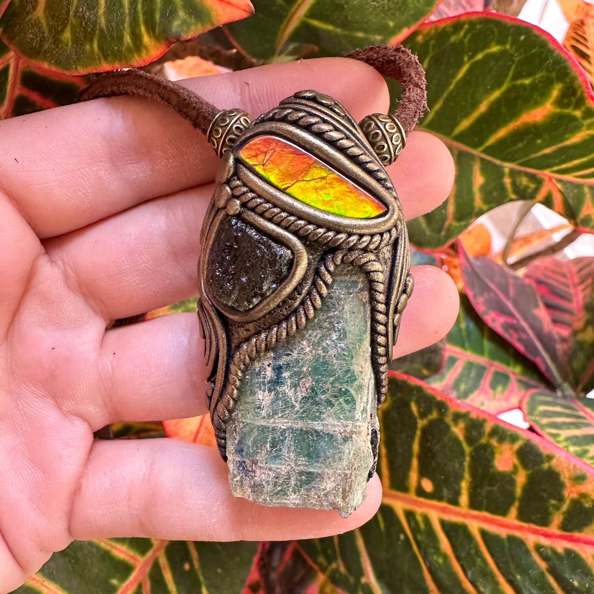 Green Kyanite Ammolite and Moldavite Pendant Necklace - FairyGardenGlow