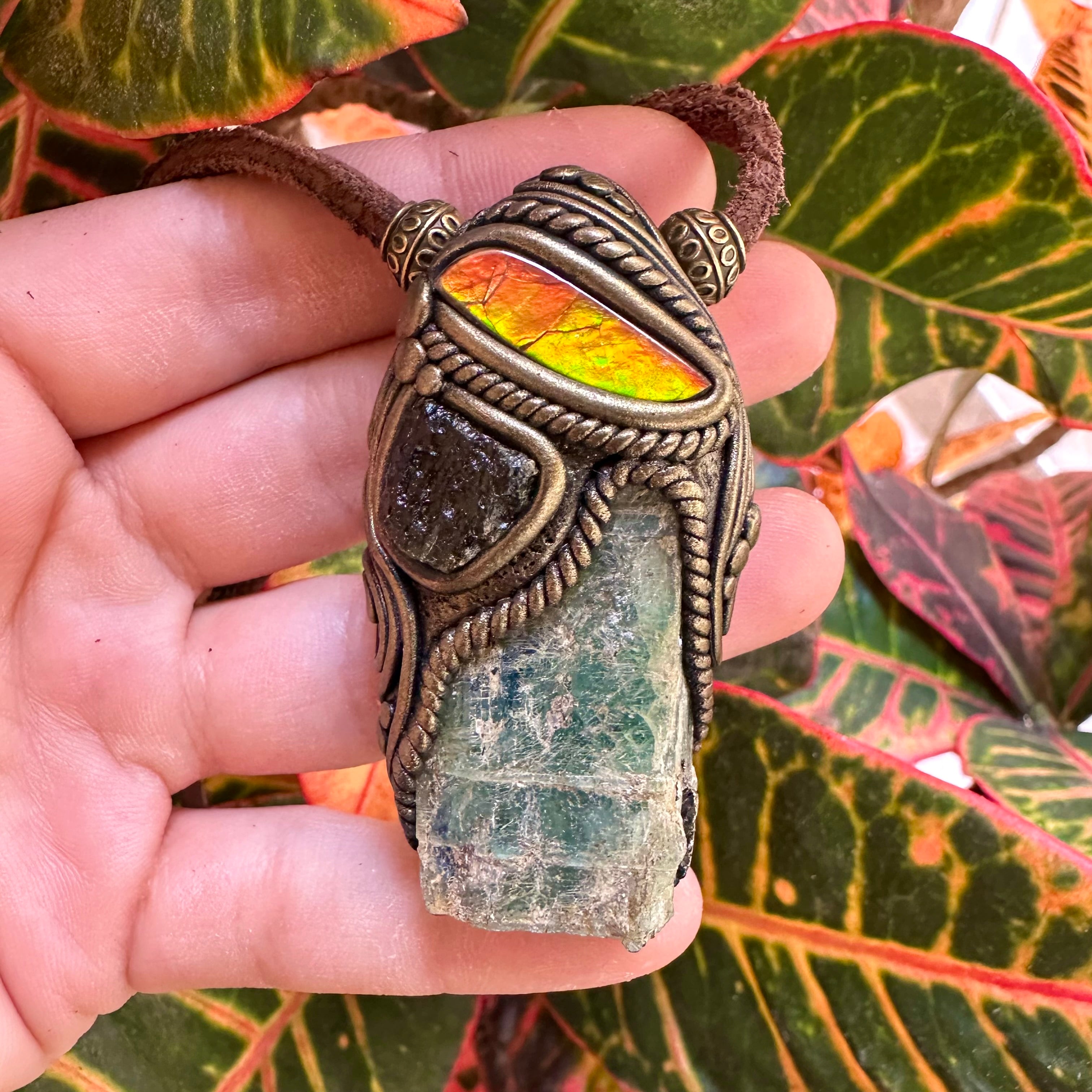 Green Kyanite Ammolite and Moldavite Pendant Necklace - FairyGardenGlow