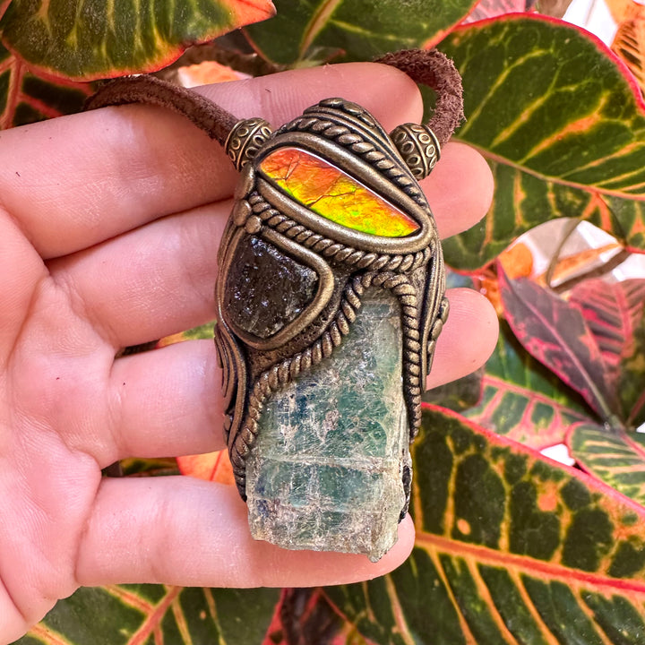 Green Kyanite Ammolite and Moldavite Pendant Necklace - FairyGardenGlow