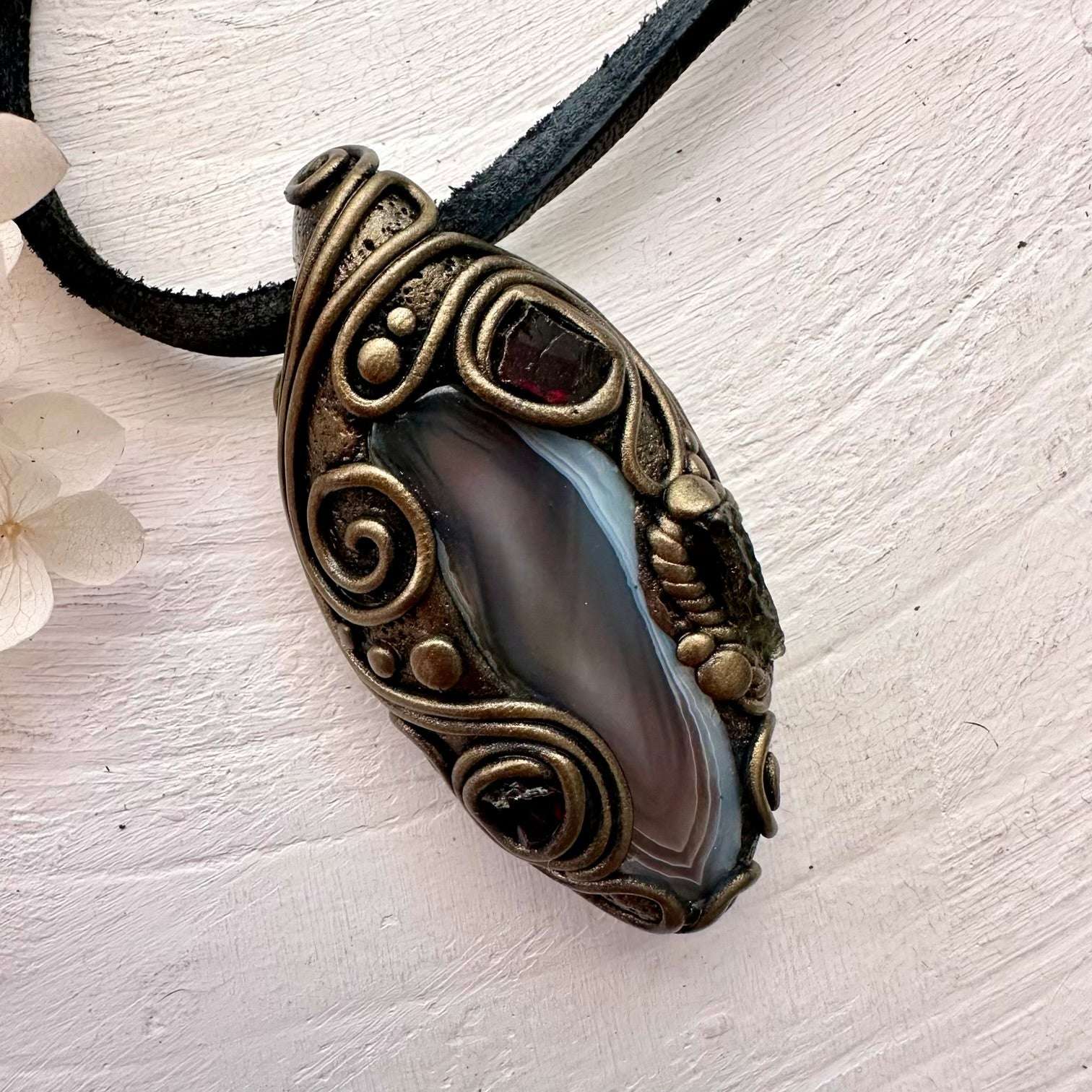 Botswana Agate Red Garnet and Moldavite Pendant Necklace - FairyGardenGlow