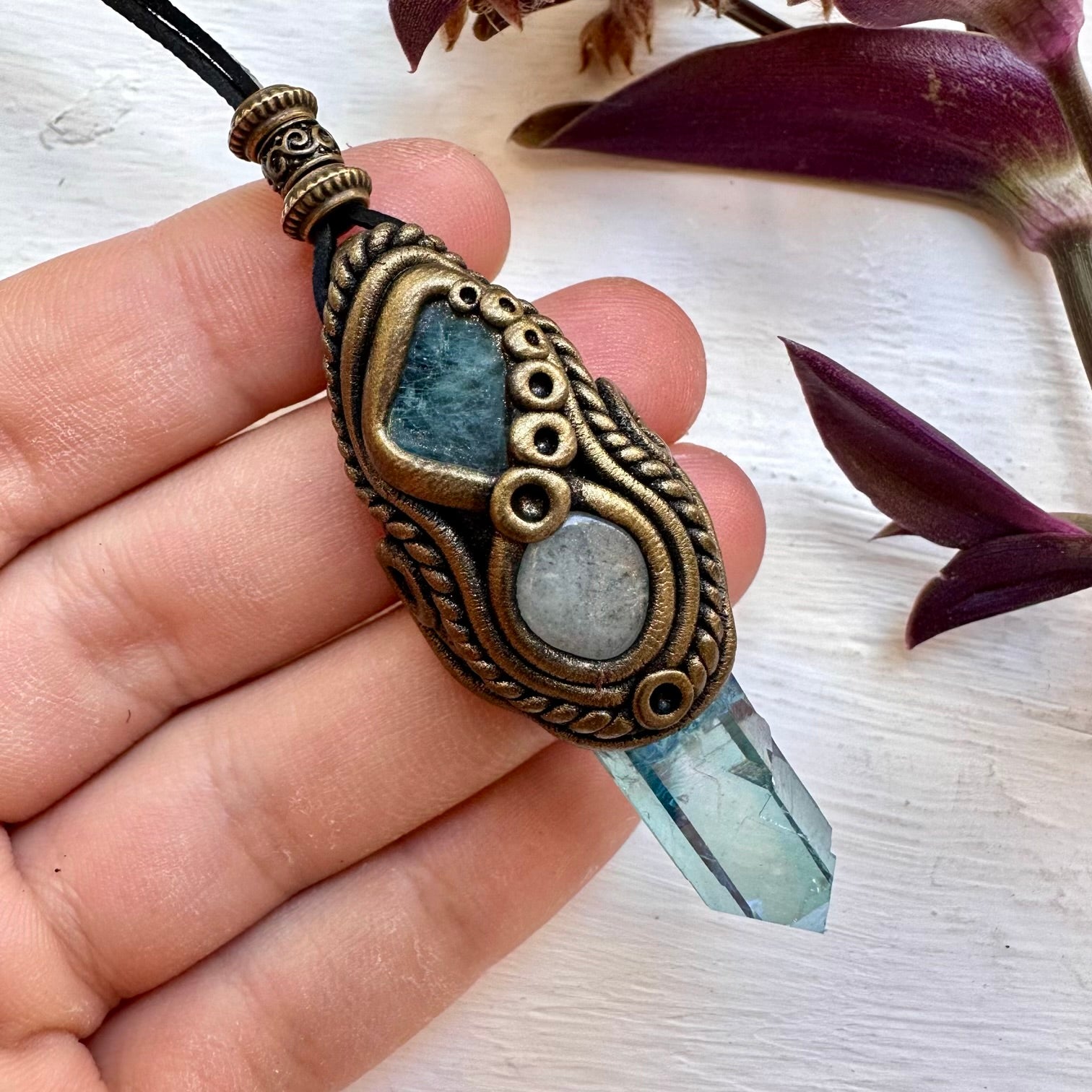Aqua Aura Quartz Blue Tourmaline and Aquamarine Necklace - FairyGardenGlow