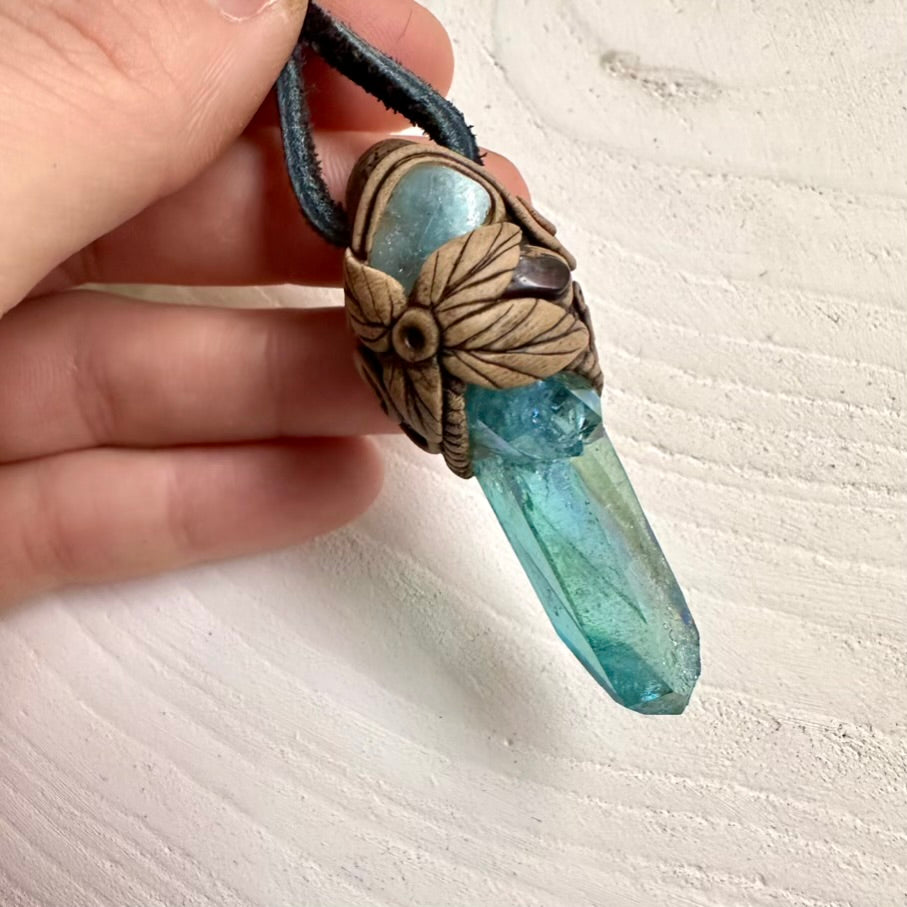 Aqua Aura Quartz Aquamarine and Red Garnet Pendant Necklace