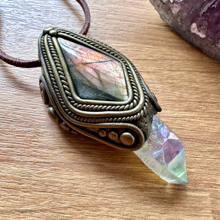 Labradorite and Angel Aura Quartz Pendant Necklace, Unique Handmade Jewelry - FairyGardenGlow