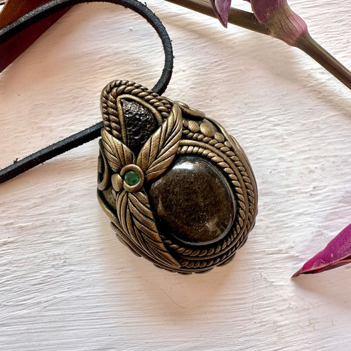 Gold Sheen Obsidian Moldavite and Emerald Necklace - FairyGardenGlow