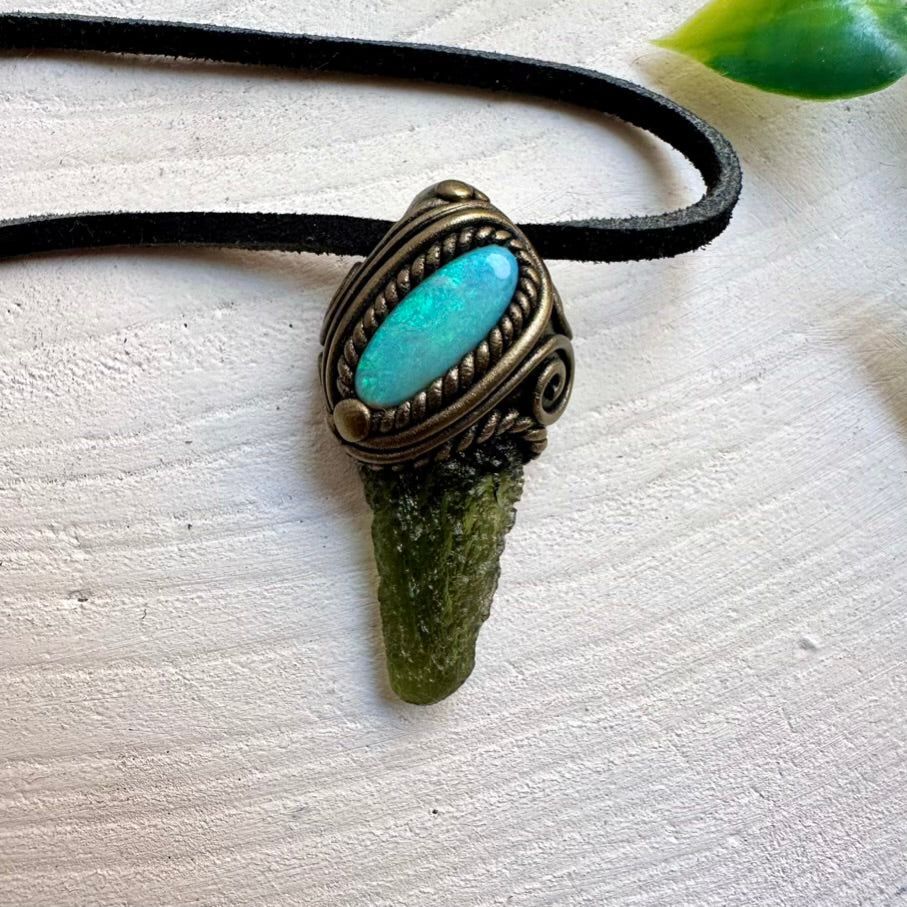 Moldavite and Australian Opal Pendant Necklace