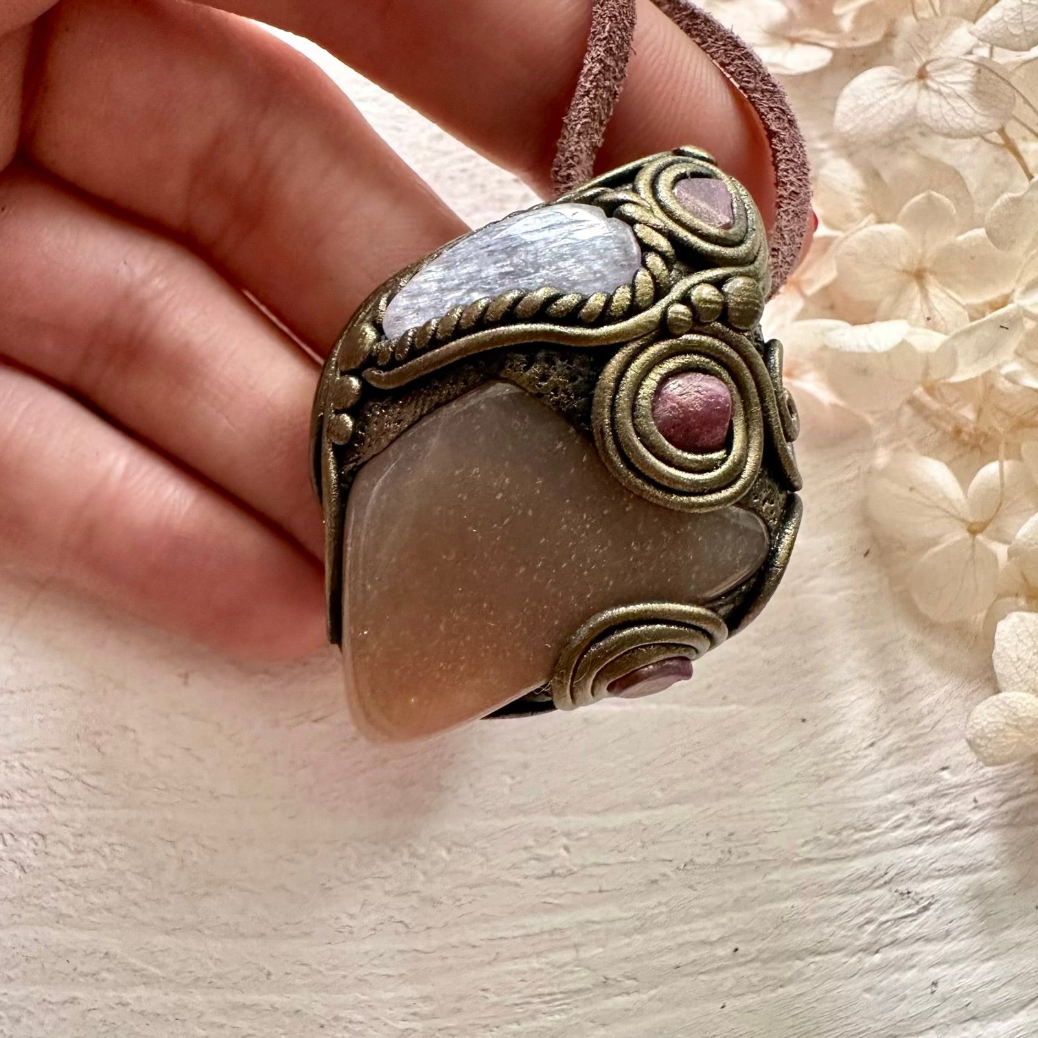 Sunstone Kunzite and Ruby Necklace - FairyGardenGlow