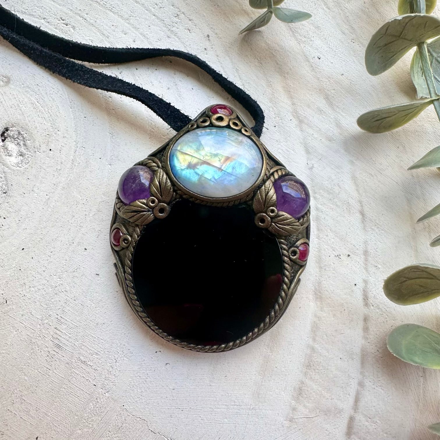 Obsidian Scrying Mirror Necklace with Rainbow Moonstone, Amethyst & Garnet – Spiritual Crystal Jewelry