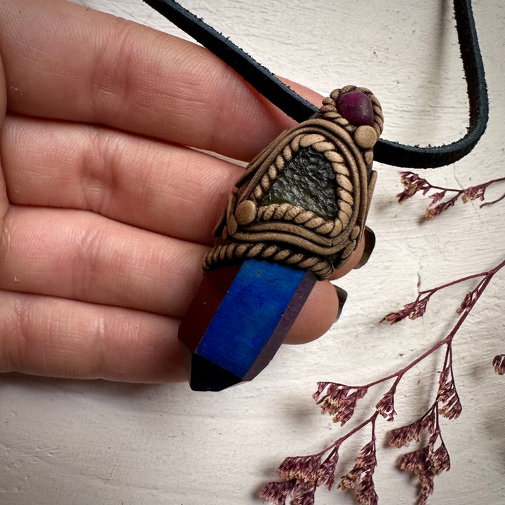Cobalt Aura Quartz Moldavite and Ruby Pendant Necklace - FairyGardenGlow