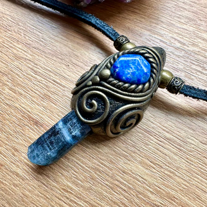 Blue Kyanite and Lapis Lazuli Pendant Necklace, Unisex Handmade Crystal Jewelry - FairyGardenGlow