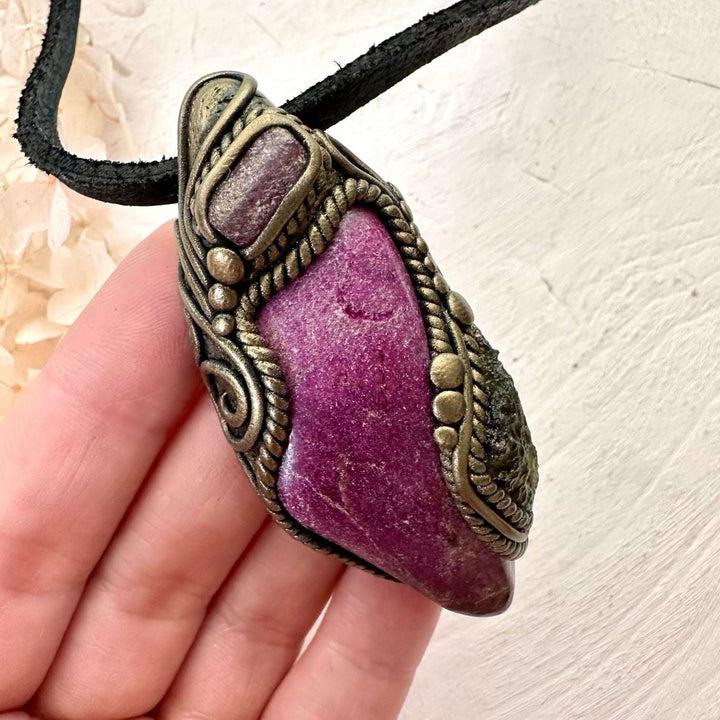 Stichtite Moldavite and Ruby Pendant, Handmade Crystal Jewelry - FairyGardenGlow