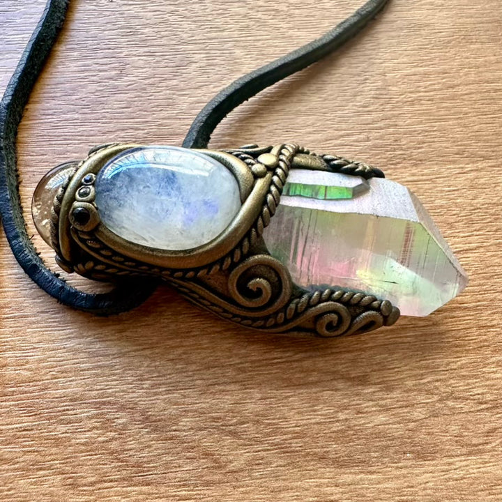 Angel Aura Quartz Smoky Quartz Sphere Moonstone and Blue Sapphire Healing Crystal Talisman - FairyGardenGlow