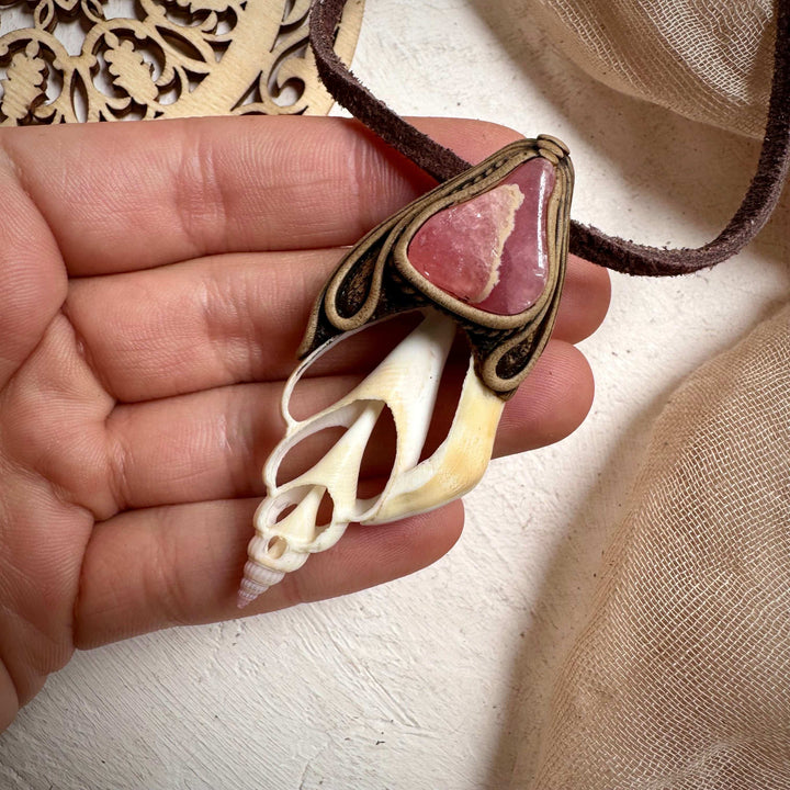 Seashell and Rhodochrosite Pendant - FairyGardenGlow
