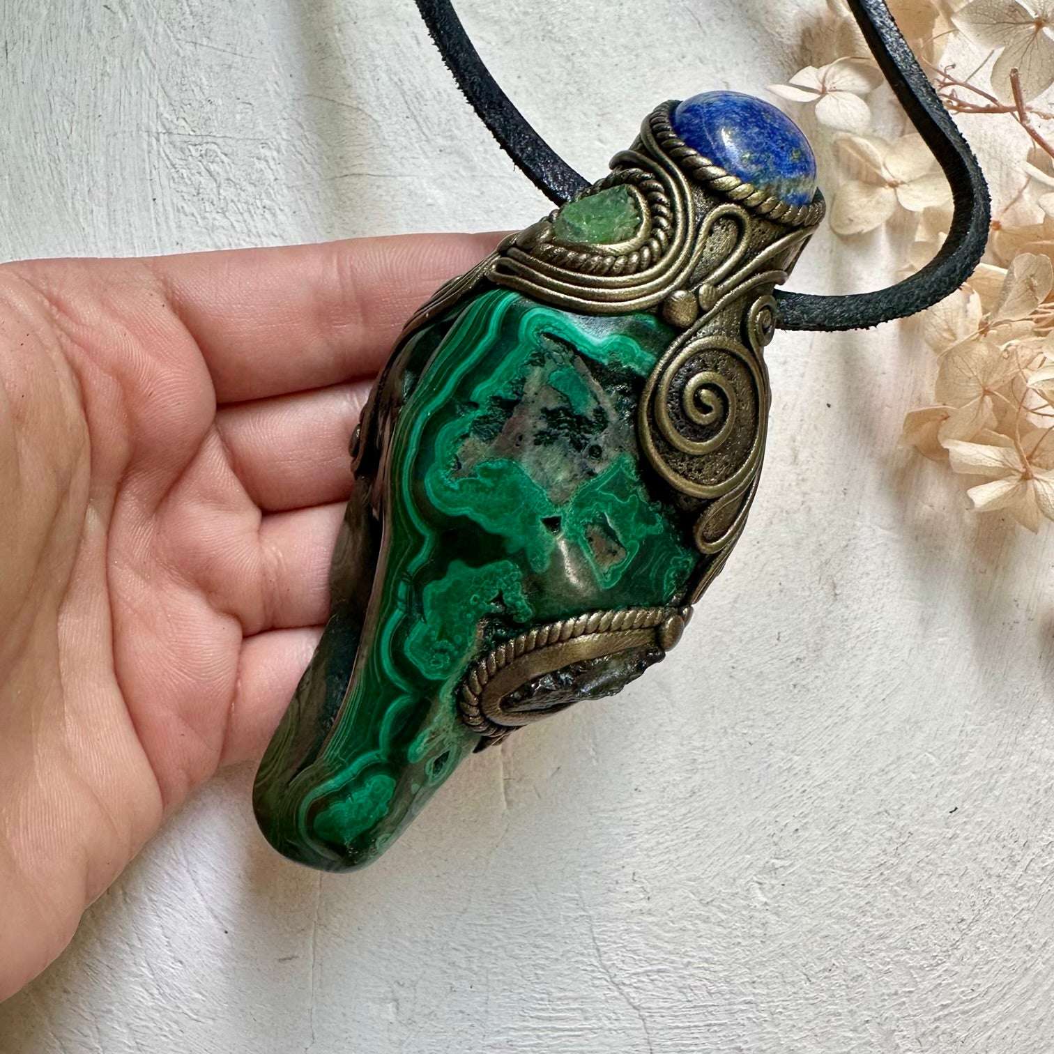 Malachite with Lapis Lazuli Moldavite and Tsavorite Wand / Pendant - FairyGardenGlow