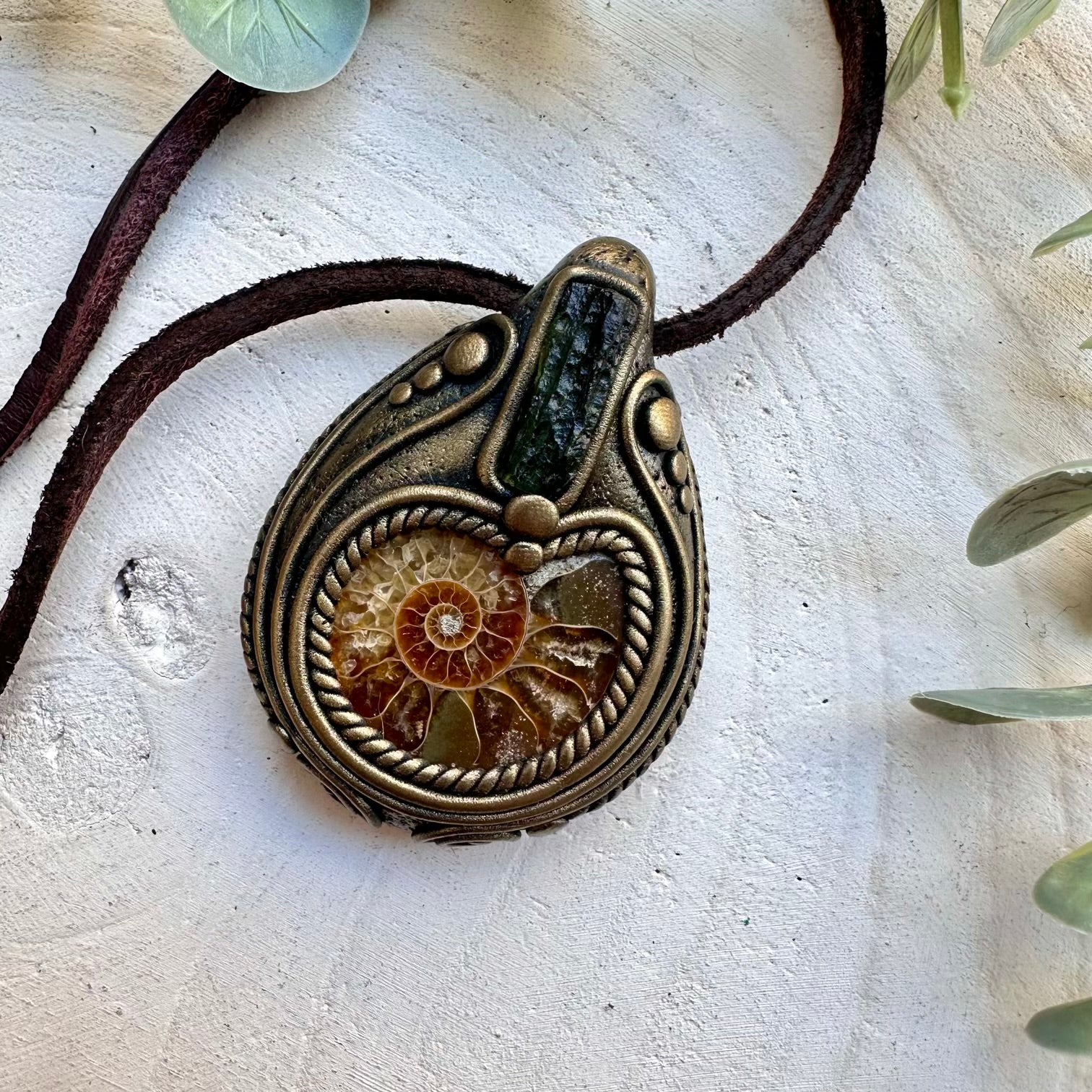 Ammonite Fossil and Raw Moldavite Unisex Crystal Necklace