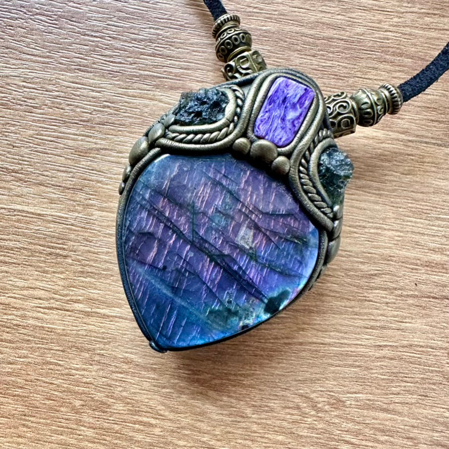 Purple Labradorite Moldavite and Charoite Pendant Necklace, Unique Protection Amulet - FairyGardenGlow