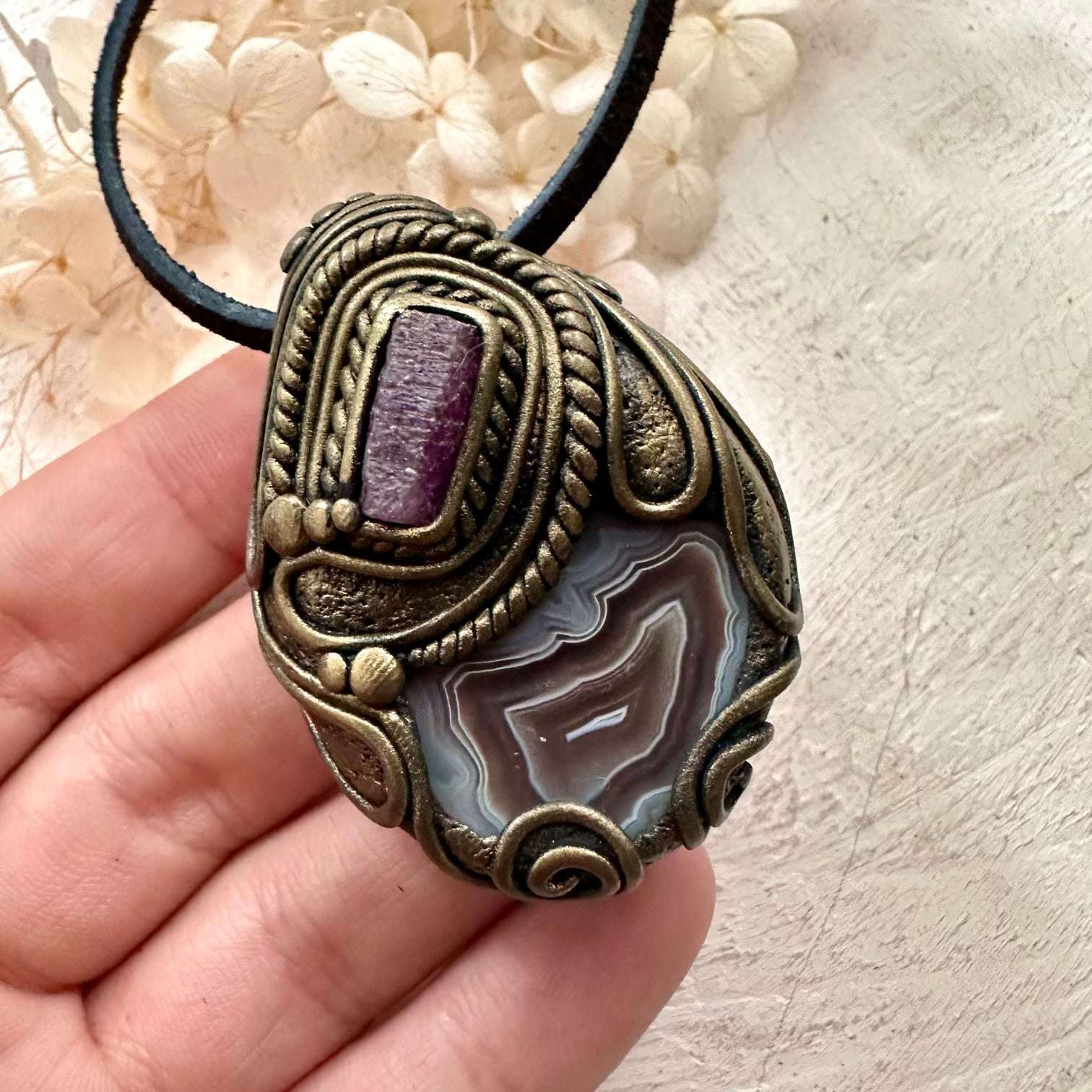 Botswana Agate and Ruby Pendant - FairyGardenGlow
