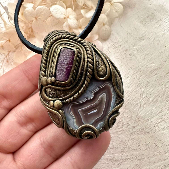 Botswana Agate and Ruby Pendant - FairyGardenGlow