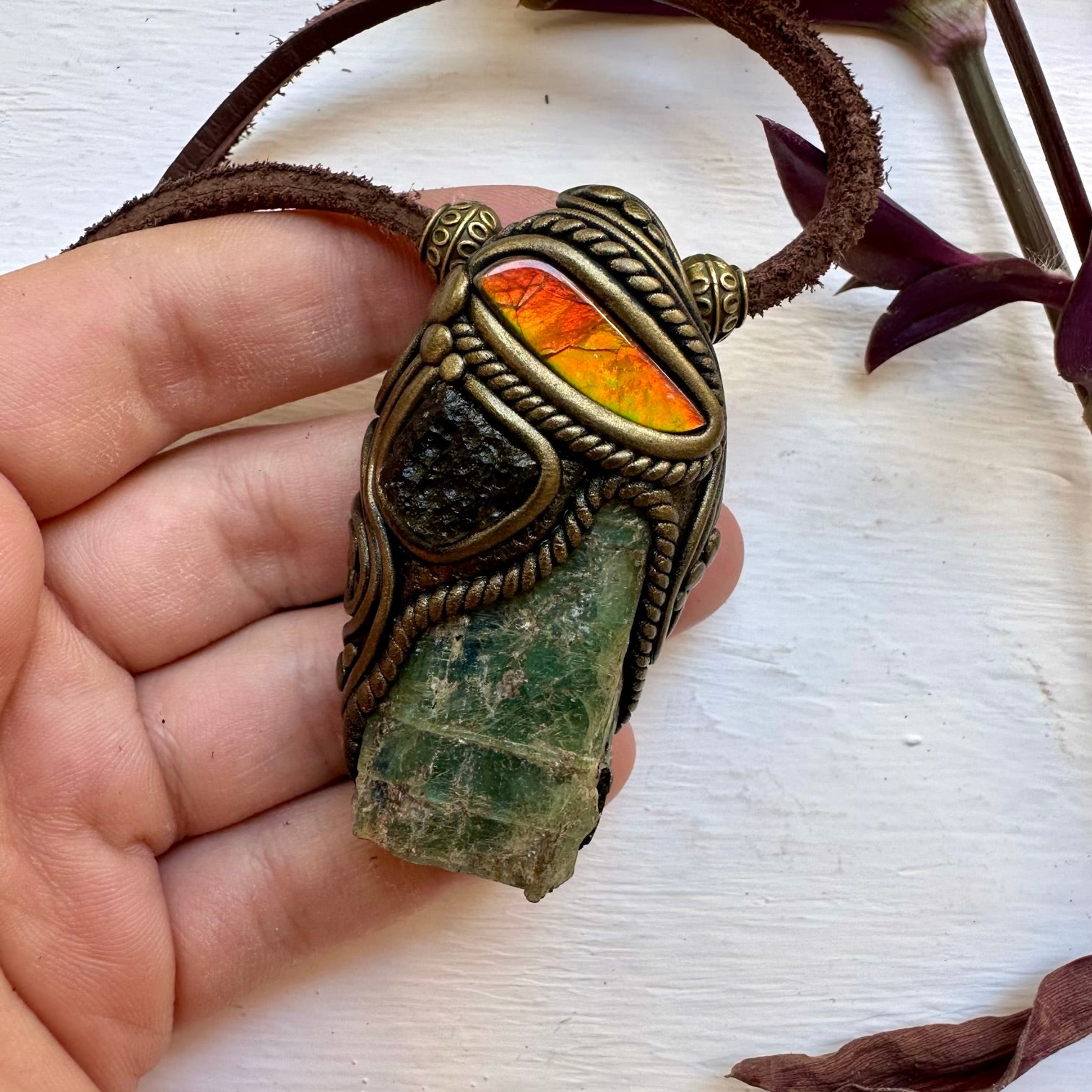 Green Kyanite Ammolite and Moldavite Pendant Necklace - FairyGardenGlow
